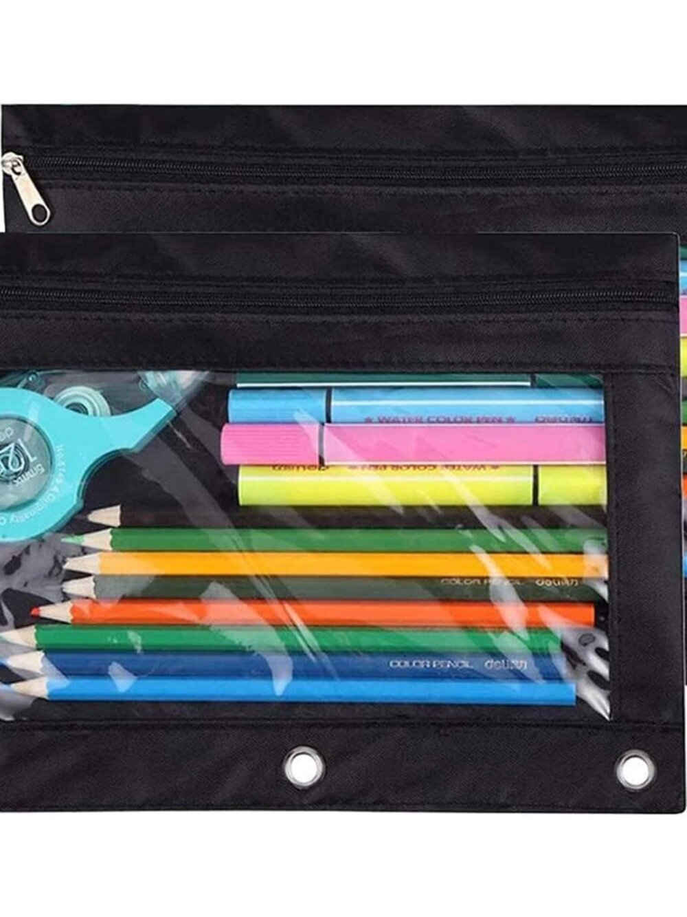 Pencil Pouch 3 Ring, Zipper Pencil Pouches Case Binder Cosmetic Bag Black 2 Pack